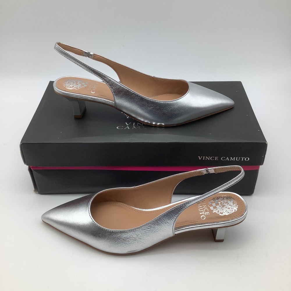 Vince Camuto VC Pilar Silver Metallic Slingback Kitten Heel Pumps Shoes 7.5M New